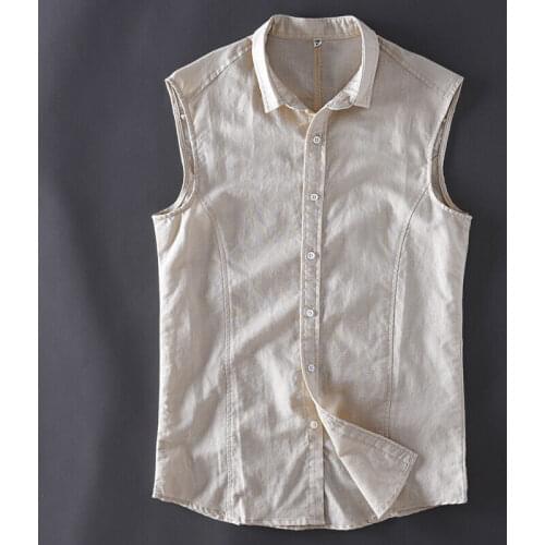 Mens Retro Summer Linen Shirt Slim Fit Solid Color Casual Sleeveless Shirt Top
