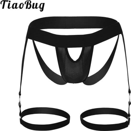 TiaoBug Mens Lingerie Black Harness Bulge Pouch Open Butt Bondage Jockstrap Thong Briefs O Ring Garter Hot Sexy Men Underwear