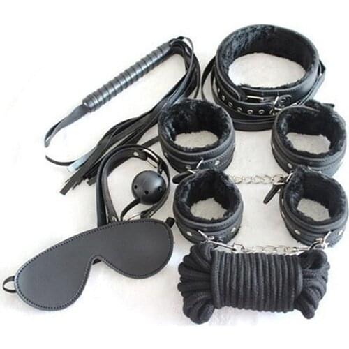 7 Pieces/Set Porno Sex Handcuffs Sex Mask Bed Bondage Gear Restraint Set Kit Ball Gag Cuff Whip Sexy Products Sex Toy For Women