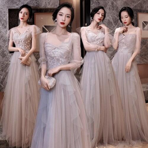 Bridesmaids Dress Illusion O-Neck A-Line Lace Tulle Full Appliques Embroidery Vintage Floor-Length Lady Wedding Party Gown E113