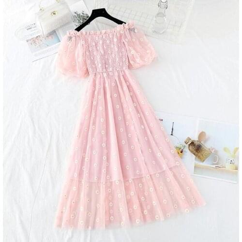 Sweet Women Dress 2021New Summer One word collar Daisy embroidery Mesh Dress Elegant A-Line Short Sleeve Ruffle Vestidos