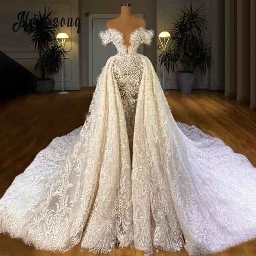 Luxury Sequins Pearls Lace Wedding Dress V Neck Bridal Gown Off The Shoulder Vestido De Noiva Robe De Mariee Customize