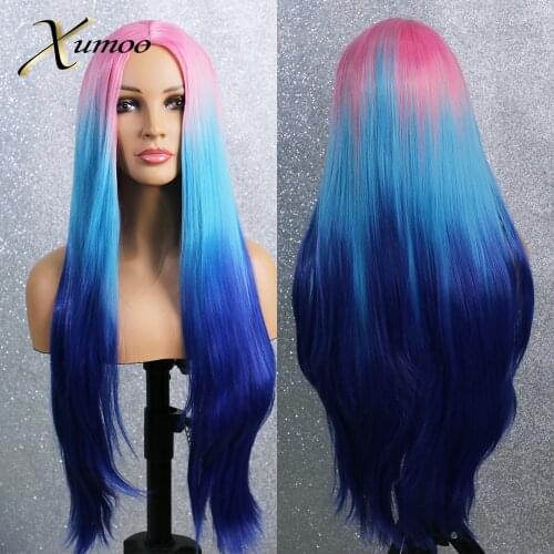 Xumoo Ombre Pink Blue Synthetic Wigs Natural Hairline None Lace Cosplay Party Lolita Wigs Heat Resistant For Black Women
