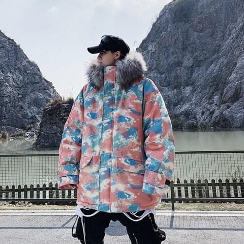 Thick Winter Jacket Men Camouflage Hooded Parka Fur Coat 2019 Man Harajuku Japanese Streetwear Tie Dye Jacket Plus Size KK3273