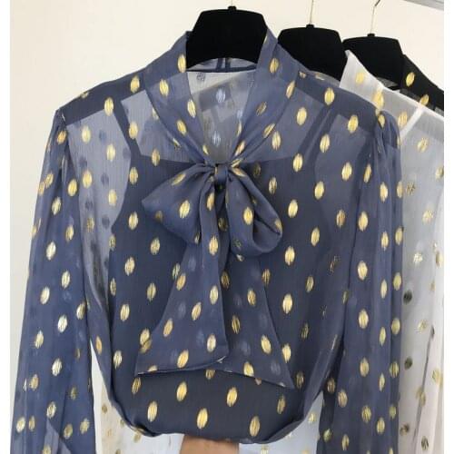 Bow Chiffon Shirt Women Ol Style Temperament Polka Dot Shirt Female Slim White All-match Chiffon Blouse Blusas Ladies Tops