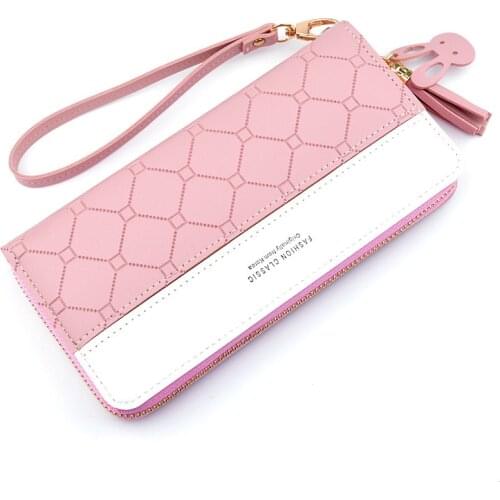 Women Long Wallet Patchwork Small Zipper Purse Simple Card Holder Pink Mini Money Bags Designer Money Wrist Wallet Phone Pouch