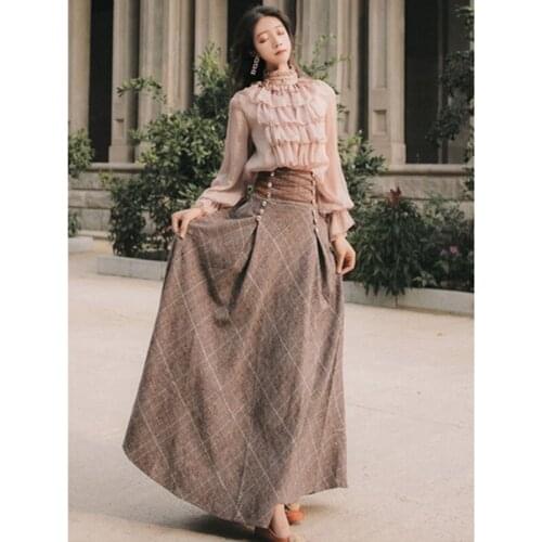 Two Piece Set+High Waist Swing Maxi Skirt Set New Arrival Autumn Women Lantern Sleeve Stand Collar Ruffles Chiffon Shirt