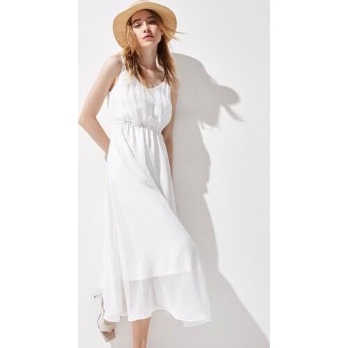 2021 Summer Womens Dress New Solid Color Medium Waist Chiffon Sleeveless Sling Dress Fashion Popular Long A-Line Skirt C100
