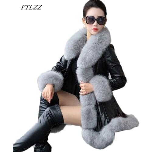 FTLZZ Winter Fur Coat Plus Size 6XL Women Pu Leather Faux Fur Long Jacket Lady Casual Synthetic Fox Fur Collar Overcoat