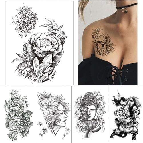 1 piece Black ink temporary tattoo sticker Rose peony flower Waterproof tattoo Buddha Warrior Arm thigh body art tattoos