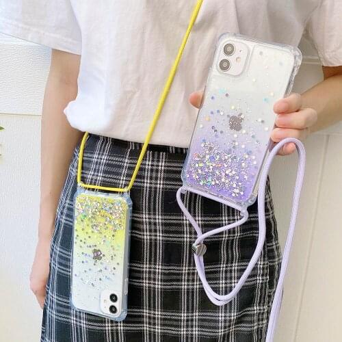 Glitter Lanyard Strap Necklace Cord Chain Gradient Phone Case For iPhone 12 11 Pro 8 7 Plus Xr X Xs Max Mini SE 2020 Soft Cover