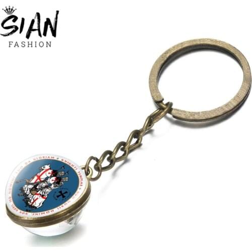 SIAN Knights Templar Keychain Cross Shield Multicolor Glass Ball Key Ring Men Keyholder Freemasonry Symbol Double Side Key Chain