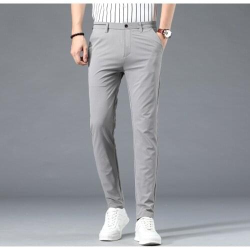 Summer Mens Casual Pants New Classic Slim Fit Small Straight Elastic Black Gray Blue Business Solid Color Brand Trousers 28-38