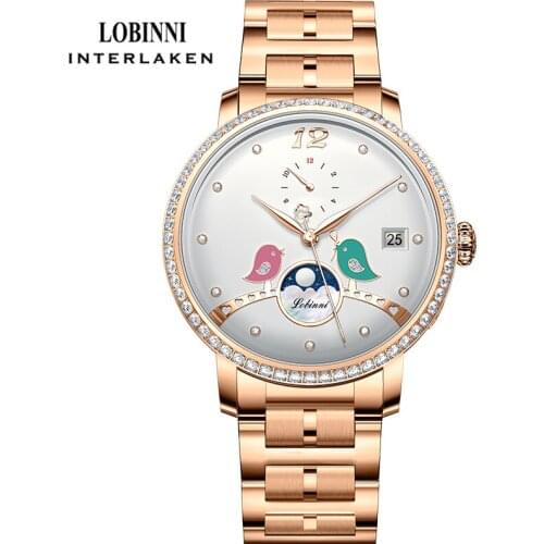 LOBINNI Fashion Women Watch Moon phase Automatic Mechanical Watch Stainless Steel Strap Sapphire Glass Female Watches