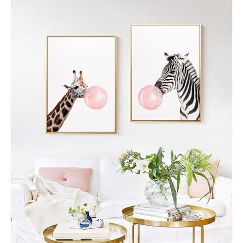 Cartoon Bubble Chewing Gum Giraffe Zebra Animal Posters Canvas Art Painting Wall Art Nursery Decor Picture Kids Room Decor