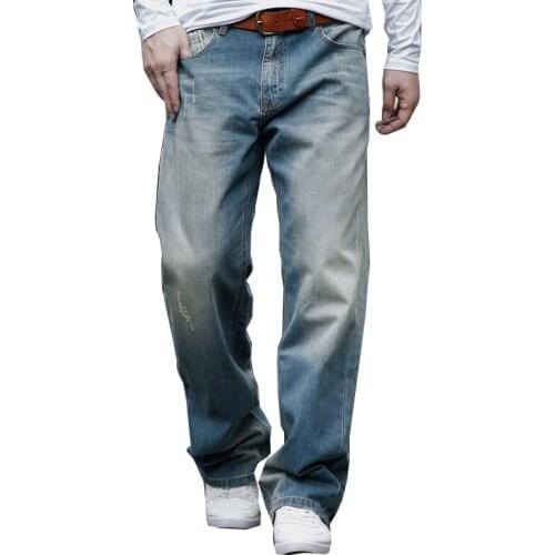 Spring and Autumn Mens Jeans, Straight Leg, Large Size Wide Leg Denim Pants, Pure Cotton Loose Hip Hop Blue Casual Pants