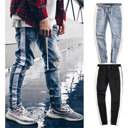Men casual jeans spring and autumn new high street sides patchwork washed distressed hole slim jeans Cuff zipper pencil pants