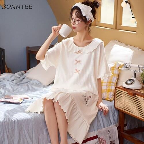 Nightgowns Women Lovely Girls Korean Style Half-sleeve Turn-down Collar Female Night Sweet Students Knee-length Cartoon-printed
