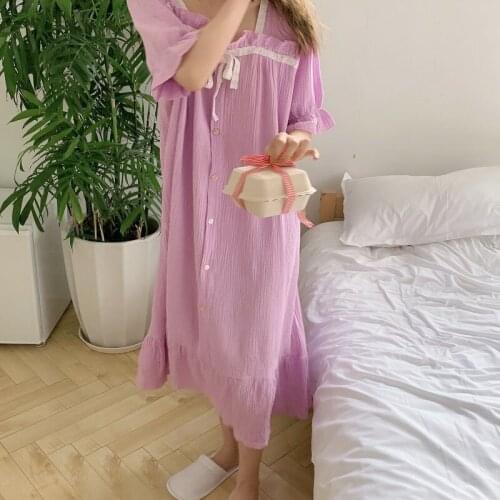 2021 Summer New Korean Home Wear Pure Cotton Lace Nightdress Decoration Bow Dress Womens Nightgown Lady Nightwear Sleepwear