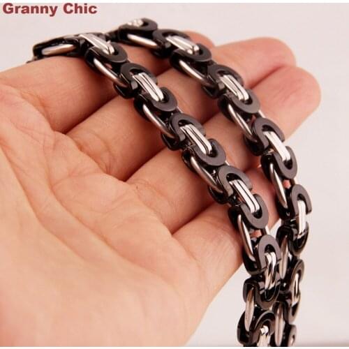 Granny Chic New Arrive Mens Jewelry Silver Black Hip Hop Stainless Steel Flat Byzantine Handmade Necklace 8mm16"-40"