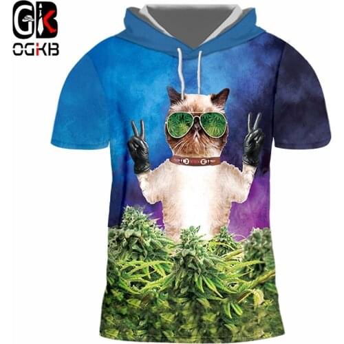 OGKB Hooded T-shirt Adult Hot Short Sleeve 3D T-shirt Print Sunglasses Cat Funny Large Size Clothing Man Autumn Cap Tee Shirt