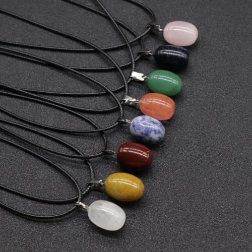Natural Stone Pendants Necklace Semi-precious Stone Necklace With 45cm Leather cord Agate Rose Quartz Goldensand Sweater chain