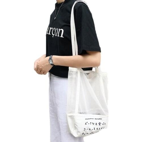 Hylhexyr Beach Single Shoulder Bags Letter Print Canvas Hollowed Reusable Fruit Shopping Bag Handbag Tote Mesh Woven Net Bag#25
