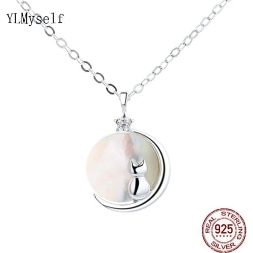 Real 925 Silver Metal Cute Cat Animal Pendant With 40+5cm Chain/ Natural Shell Gold/Rhodium Plate Fine Jewelry Necklace For Girl
