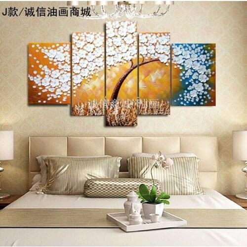 Hand Made Blue White Gustav Klimt Yellow Tree Of Life Abstract Oil Painting On Canvas Picture 5 Panel Wall Art Home Decoration
