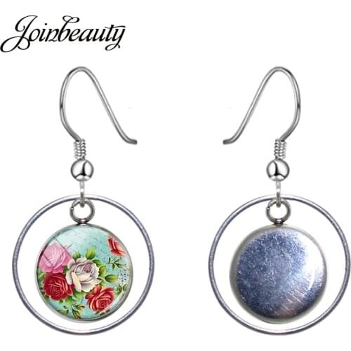 JOINBEAUTY Multiple Colors Rose Flower Hollow Out Pendant Earrings Handmade Round Glass Dome Art Picture Dangle Earrings C750