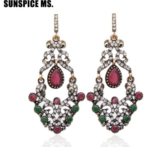 Sunspicems Vintage Crystal Flower Earring for Women Boho Retro Gold Color Wedding Jewelry Turkish Drop Earrings Gift 2020
