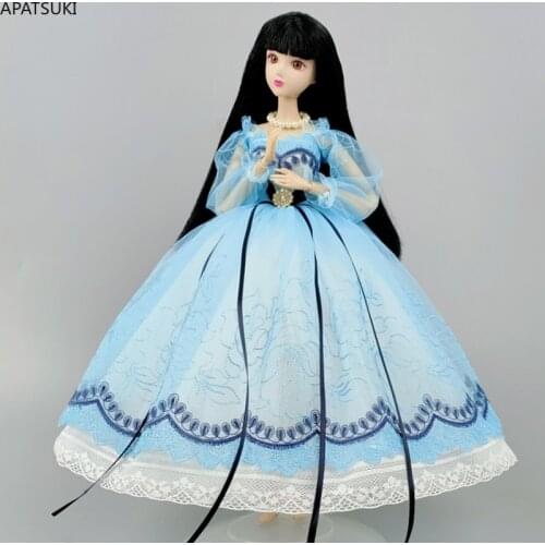 Light Blue Handmade Princess Dress For Barbie Doll Clothes Outfits 1/6 Dolls Accessories Puff Sleeve Bowknot Party Gown Toys