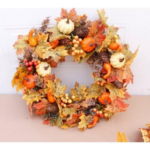 Rattan Maple Leaf Wreath Halloween Artificial Pumpkin Wreath Home Front Door Decoration For AutumeThanksgiving Christmas