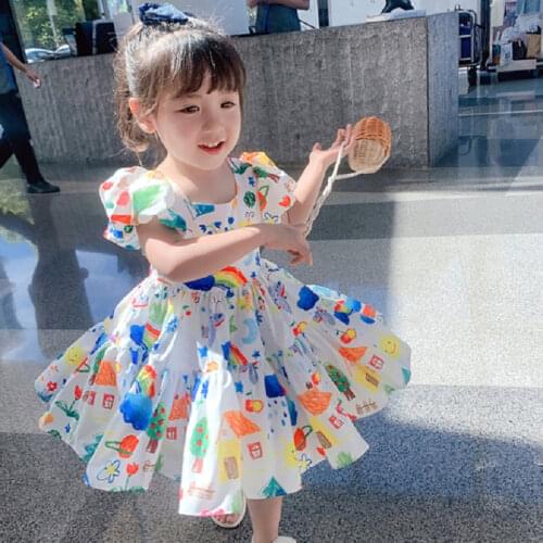 2021 Spring New Arrival Girls Fashion Cartoon Printed Dresses Kids Puff Sleeve Princess Dress Girls Dresses