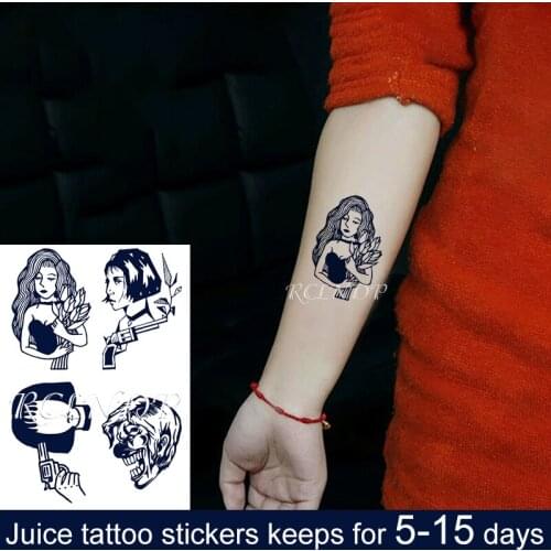 Waterproof Temporary Juice ink Sticker Cartoon Sexy Gun Girl Clown Flower Fruit Gel Long lasting Tattoo Art for Men Women girl