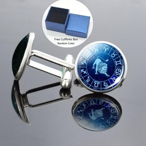 Twelve Constellations Men Shirt Cufflinks Glass Cabochon 12 Zodiac Signs Cufflinks Silver Plated Cuff Links Wedding Gift