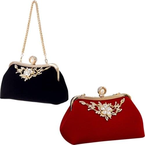 Female Diamond Pearl Handbag Vintage Crystal Flower Evening Bag Wedding Party Bride Clutch Bag Purse