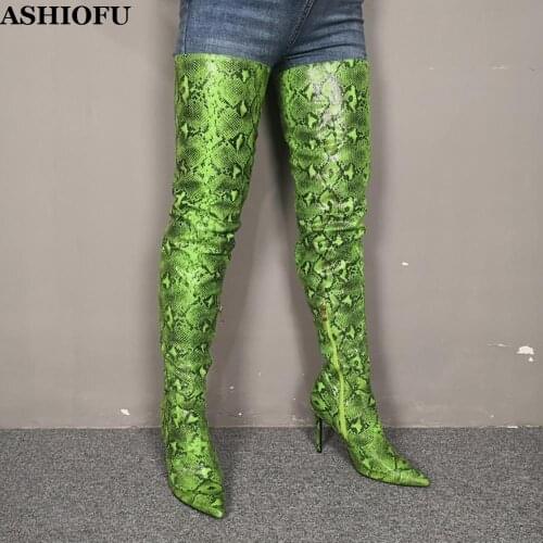 ASHIOFU Handmade Ladies Thigh High Boots Snake-print Leather Party Prom Over Knee Boots Real Photos Sexy Evening Fashion Boots