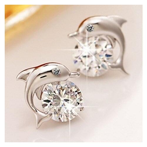 Lovely Crystal Eye Dolphin CZ Stud Earrings Womens Jewelry