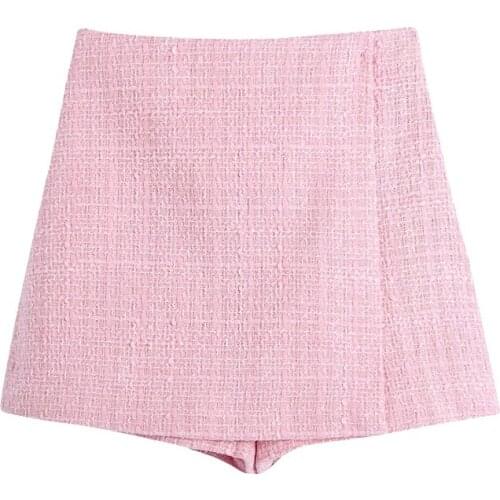 Baldauren 2021 Women Chic Fashion Tweed Shorts Skirts Vintage High Waist Back Zipper Female Skort Mujer