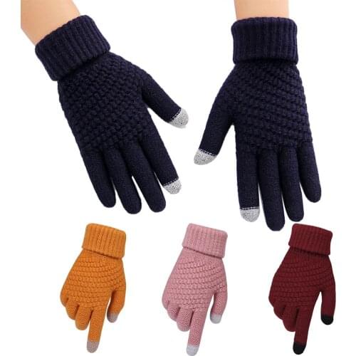 Women Winter Solid Color Touch Screen Full Finger Woolen Warm Knitted Gloves