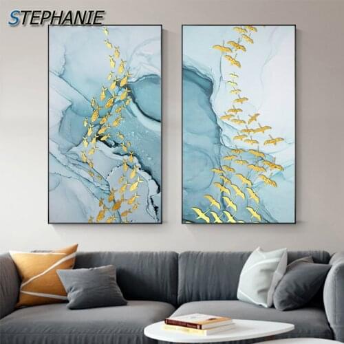Abstract Golden Fish Sea Canvas Art Gold Bird Blue Sky Poster and Print Abstract Wall Art Picture for Living Room Modern Cuadros