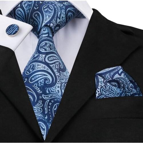C-1430 Hi-Tie Blue Plaid Ties For Men Silk Neck Tie Set 8.5cm Mens Formal Necktie Pocket Square Cufflinks Set Business Tie