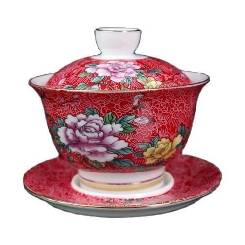Chinese old porcelain Covered Bowl with gold and pastel floral pattern on red ground Chinese Tea Bowl