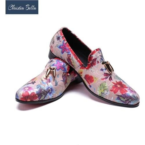 Christia Bella Jacquard Slippers Men Loafers Metal pendant Mens Flats Wedding Dress Shoes Leather Smoking Slip on Moccasins