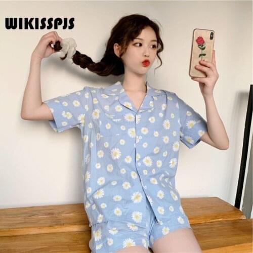WIKISSPJS 2021 Summer New Printed Short Sleeve Pajamas Suit Loose Fitting Womens Wear Lounge Wear Bedroom Set Sleepwear