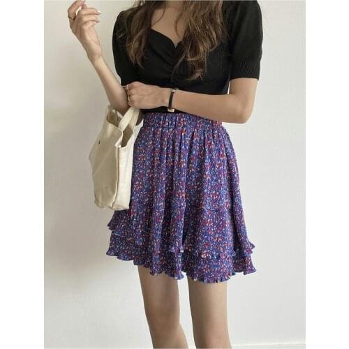 Floral Print Pleated Skirt Womens Summer 2021 New Ruffles Elastic Waist Mini Skirt