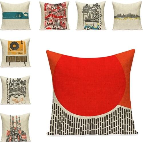 Vintage Traffic Printing Cushion Home Decor Cotton Linen Cushion Decorative Pillow For Sofa City Building Pillow Cases for Chair