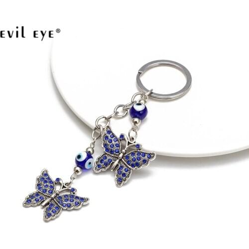 EVIL EYE Butterfly Pendant Keychain Blue Turkish Eye Bead Silver Color Key Chain Ring Car Keyring Jewelry for Women Girls EY2669
