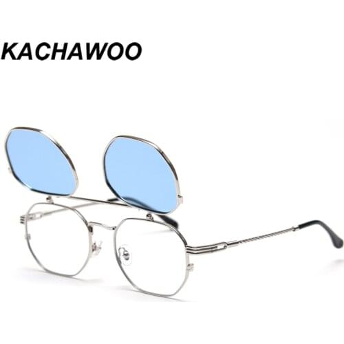 Kachawoo flip up sunglasses men polarized metal silver blue fashion sun glasses for women square spectacle frames high quality